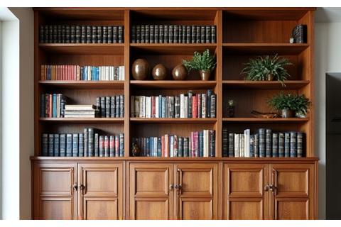 Built-in custom wooden bookcase filled with books.